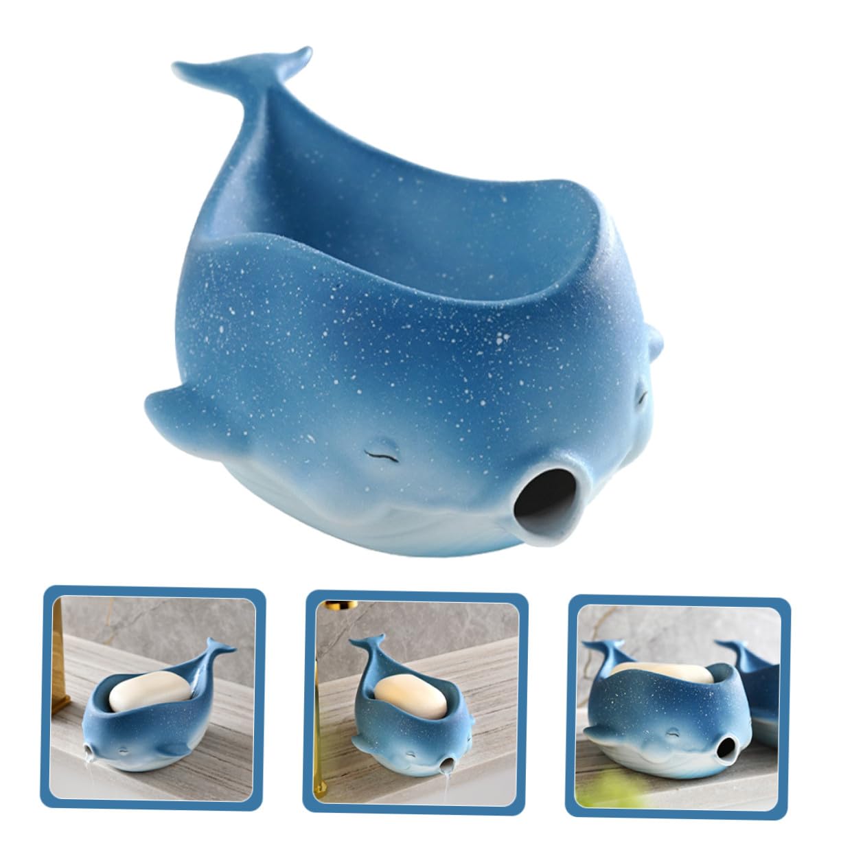 Portasapone in Ceramica Forma di Cetaceo con Drenaggio Autopulente Vassoio Portaoggetti Decorativo per Bagno e Cucina Supporto per Sapone e Spugna Resistente e Pratico