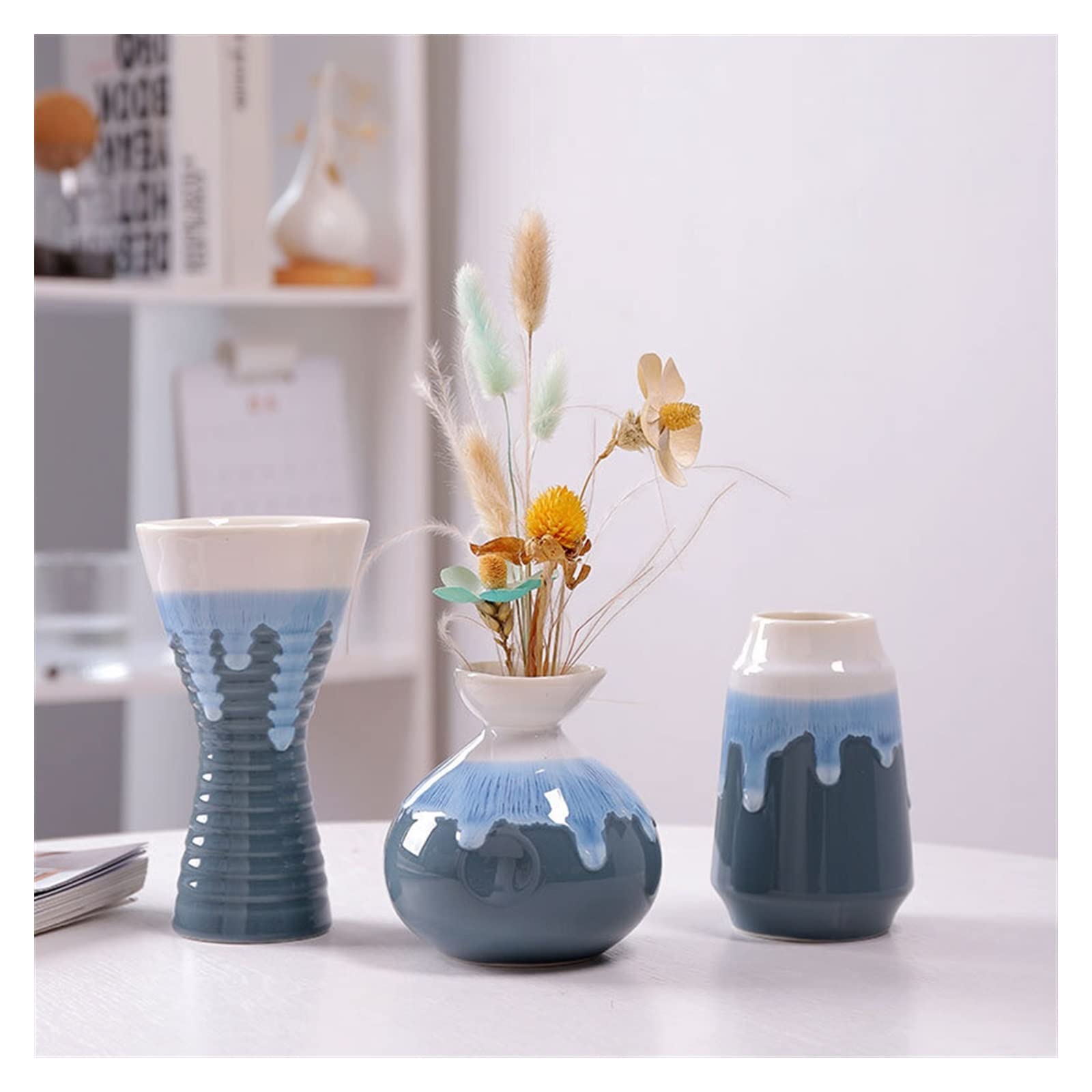 asdchZen Vases 3Pcs Blue Gradient Ceramic Vase Ornaments Hydroponic Flower Pot Creative Home Decoration Vase, Flower Not Included Flowers Vases,One Color-A