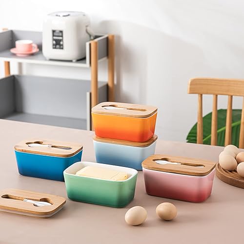 Miniatura 8 de Mantequera de porcelana con tapa de madera, manteca hermética Candiicap para encimera, soporte de mantequilla grande para mantequilla de la costa