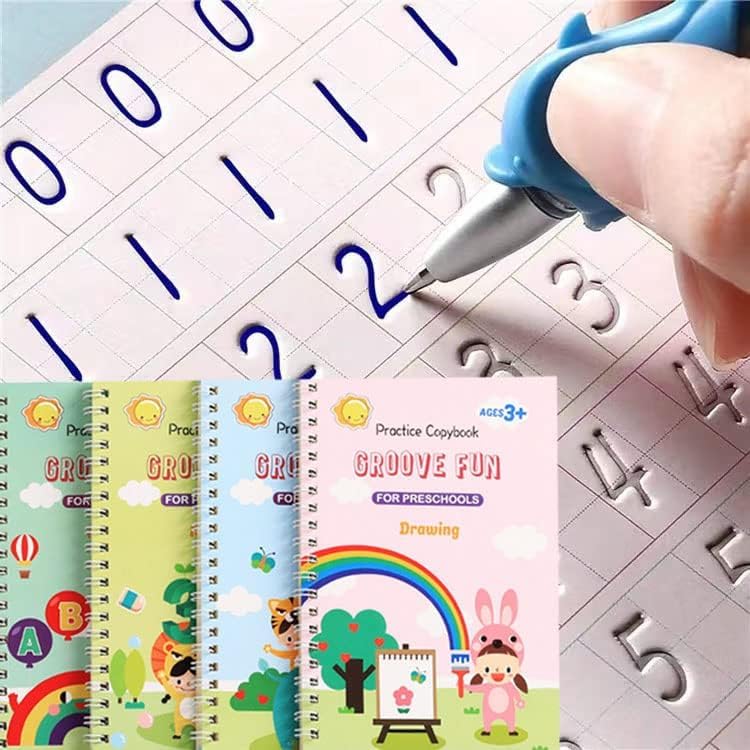 4 PC Reusable Grooved Writing Books for Kids, Magic Copy Books,Reusable Handwriting Practice Book for Kids,Groovd Kids Writing Preschool