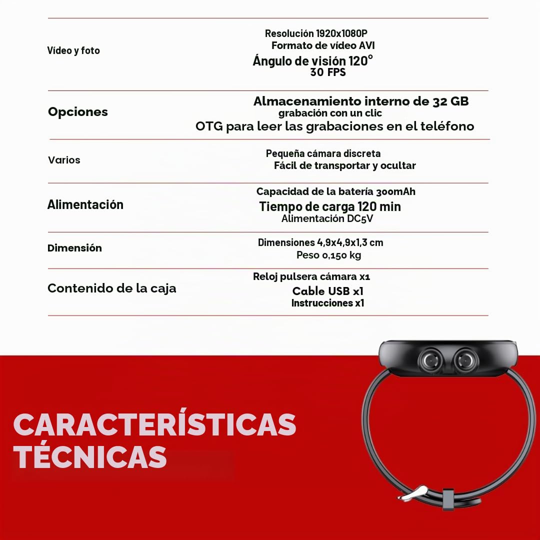 Reloj LCD con clip trasero cámara espía Full HD 32GB visión nocturna