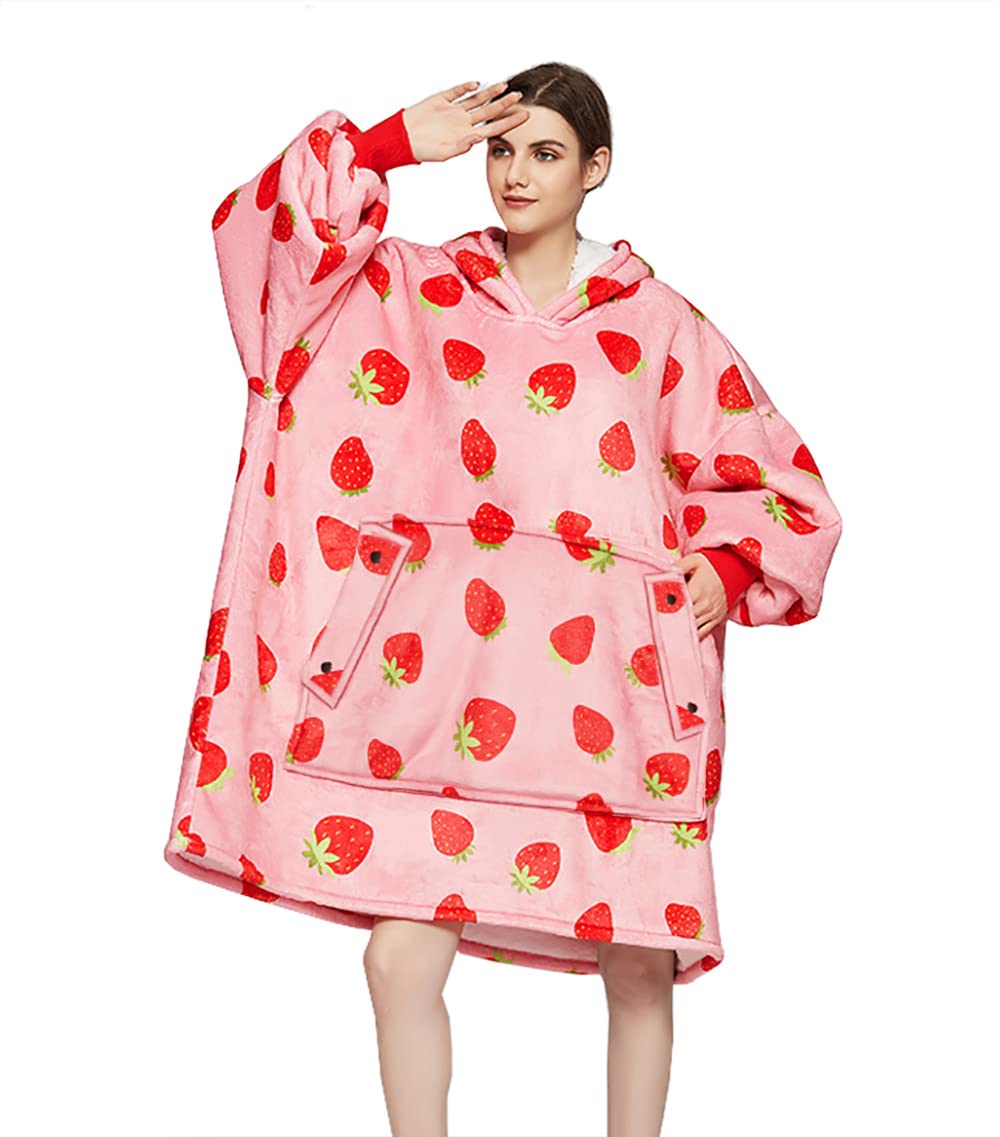 HysunlandWinter Warm Oversized Hoodie Strawberry Sweatershirt with Kangaroo Pocket, Gift for Women, Pink Color with Strawberry Pattern