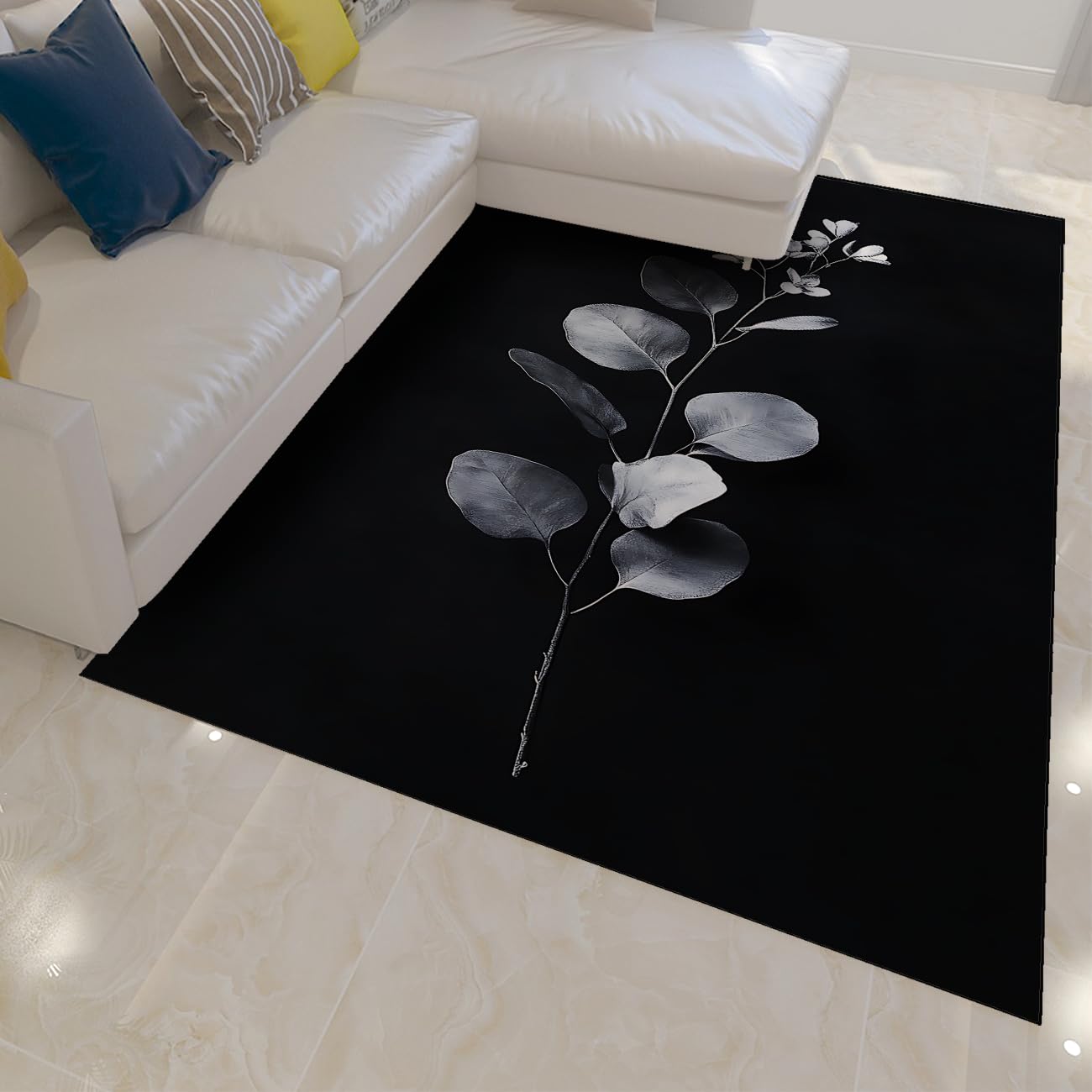 Schwarzer botanischer Teppich Ultra Thin fleckenbeständiger Bereich Waschbare Vintage-Eukalyptusblätter Ästhetischer Teppich für den Eingangsbereich des Wohnzimmers im Schlafzimmer 160x220cm