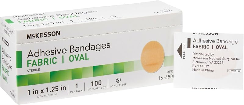Vendas adhesivas McKesson, estériles, tela, color canela, 1 x 1 1/4 pulg., 100 unidades | Tela Ovalada