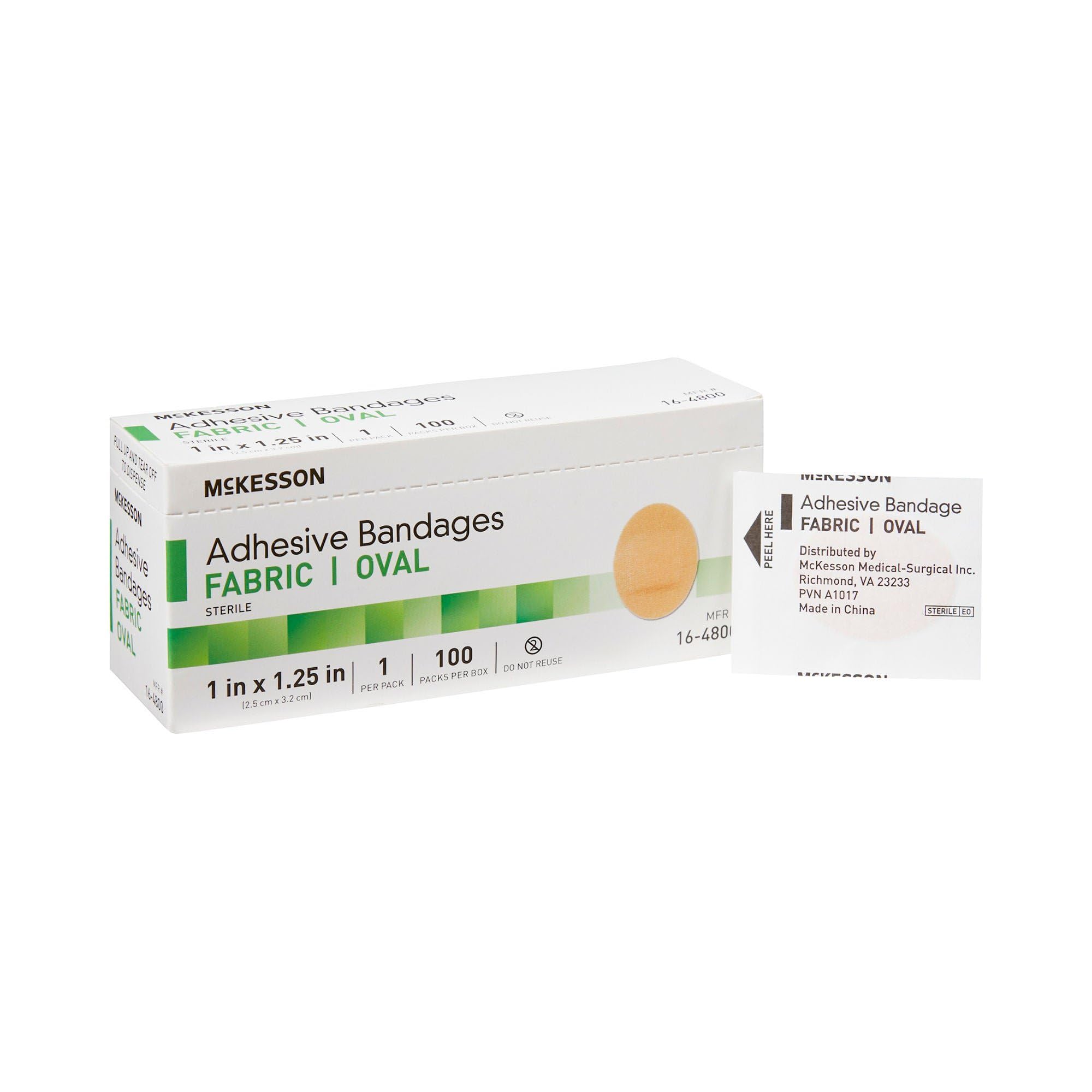 McKesson Adhesive Bandages, Sterile, Fabric, Tan, 1 x 1 1/4 in, 100 ct