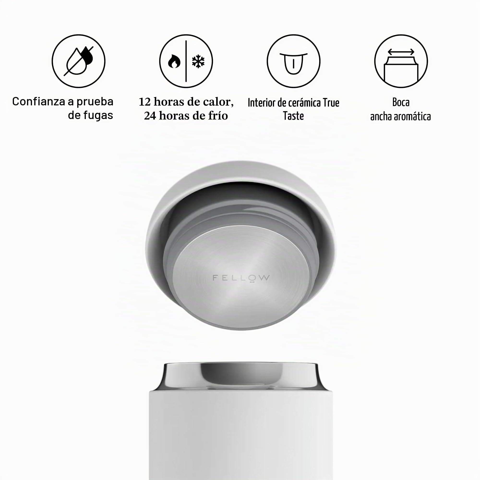 Fellow Carter Everywhere - Taza de Viaje de Boca Ancha, Vaso de café y té de Acero Inoxidable Aislado al vacío, con Interior de cerámica, Blanco Mate, Taza de 16 onzas