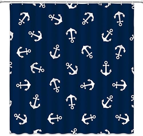 Cortina de ducha con patrón de ancla con temática náutica color azul marino blanco decoración de tela de poliéster de secado rápido de 677 x 717in