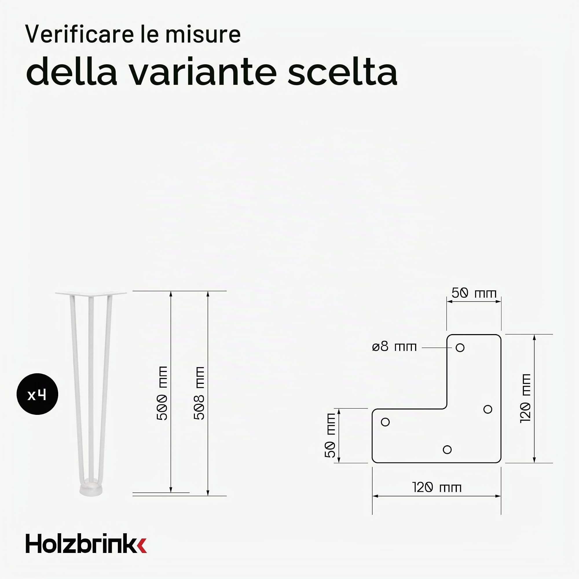 HOLZBRINK 4x gamba da tavolo in metallo con 3 aste Hairpin,Gamba con asta tripla per mobili, tavolo, 50 cm, Bianco Traffico, HLT-13A-50-9016