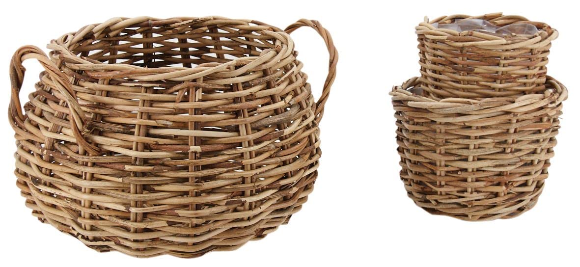 AUBRY GASPARD - Cache-Pots Rotin Antique (Lot de 3) - Ø 43 cm x H 25 cm (Grand) - Moyennes et Petites Incluses - Poids 2.25 kg - Idéal Décoration Intérieure Élégante Naturelle