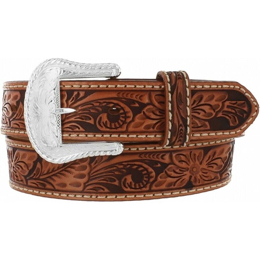 Justin 28' Tony Lama Floral Hand Tooled Western Leather Men Belt Tan