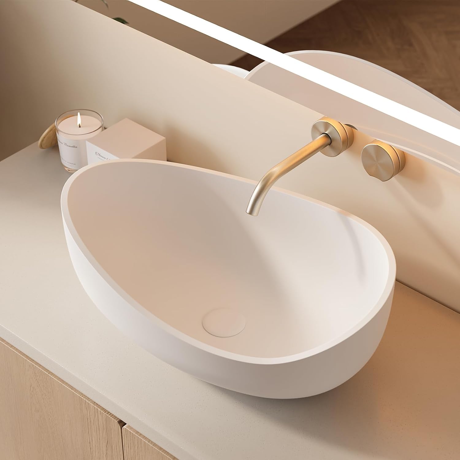 Oval Vessel Sink, Stone Resin Bathroom Sink in Matte White with Pop-Up Drain, Modern Countertop Sink 22.44"