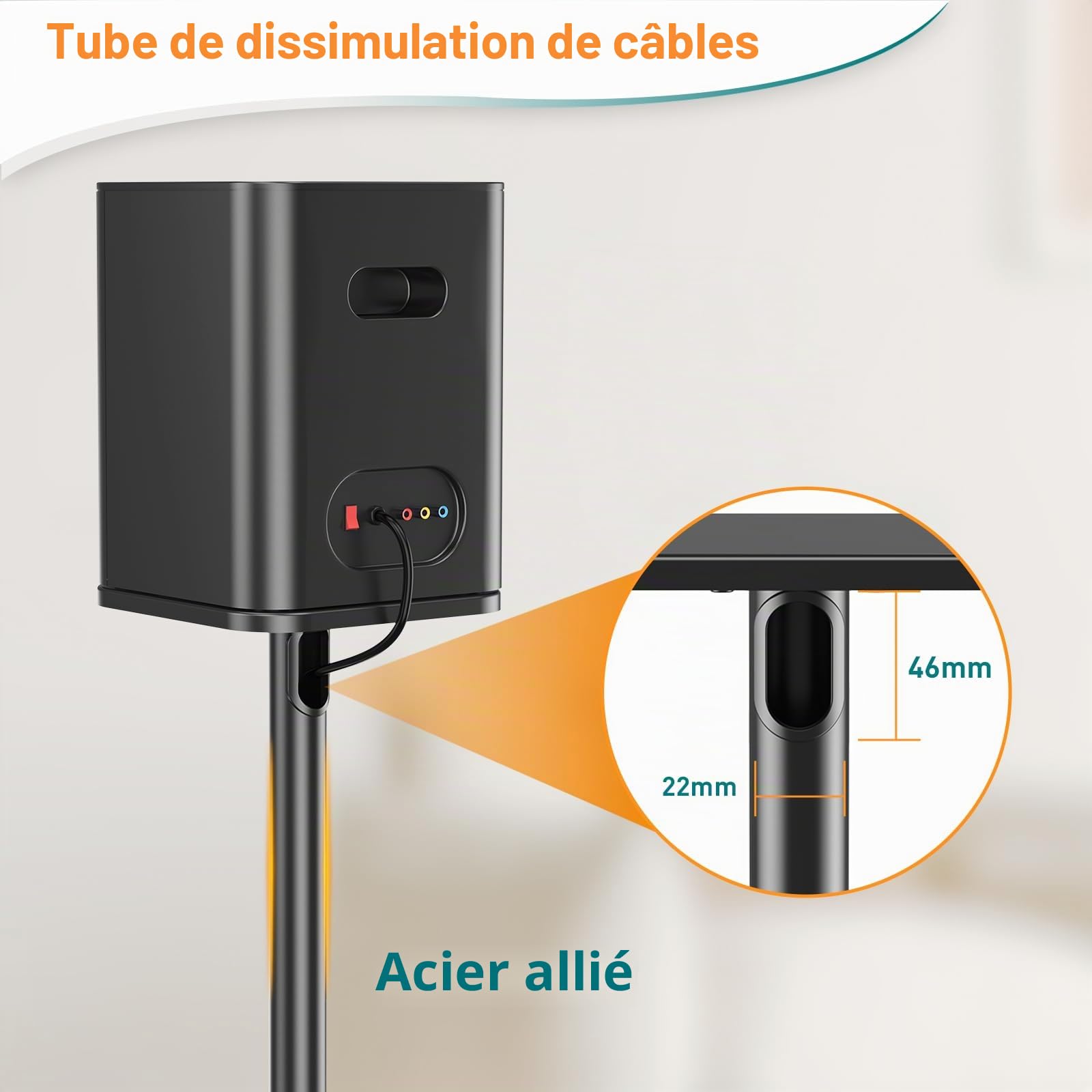 ELIVED 1 paire de supports universels pour haut-parleurs d'étagère - Hauteur réglable jusqu'à 95 cm - Avec socle en verre et canal de câbles interne - Capacité de charge de 10 kg - Noir