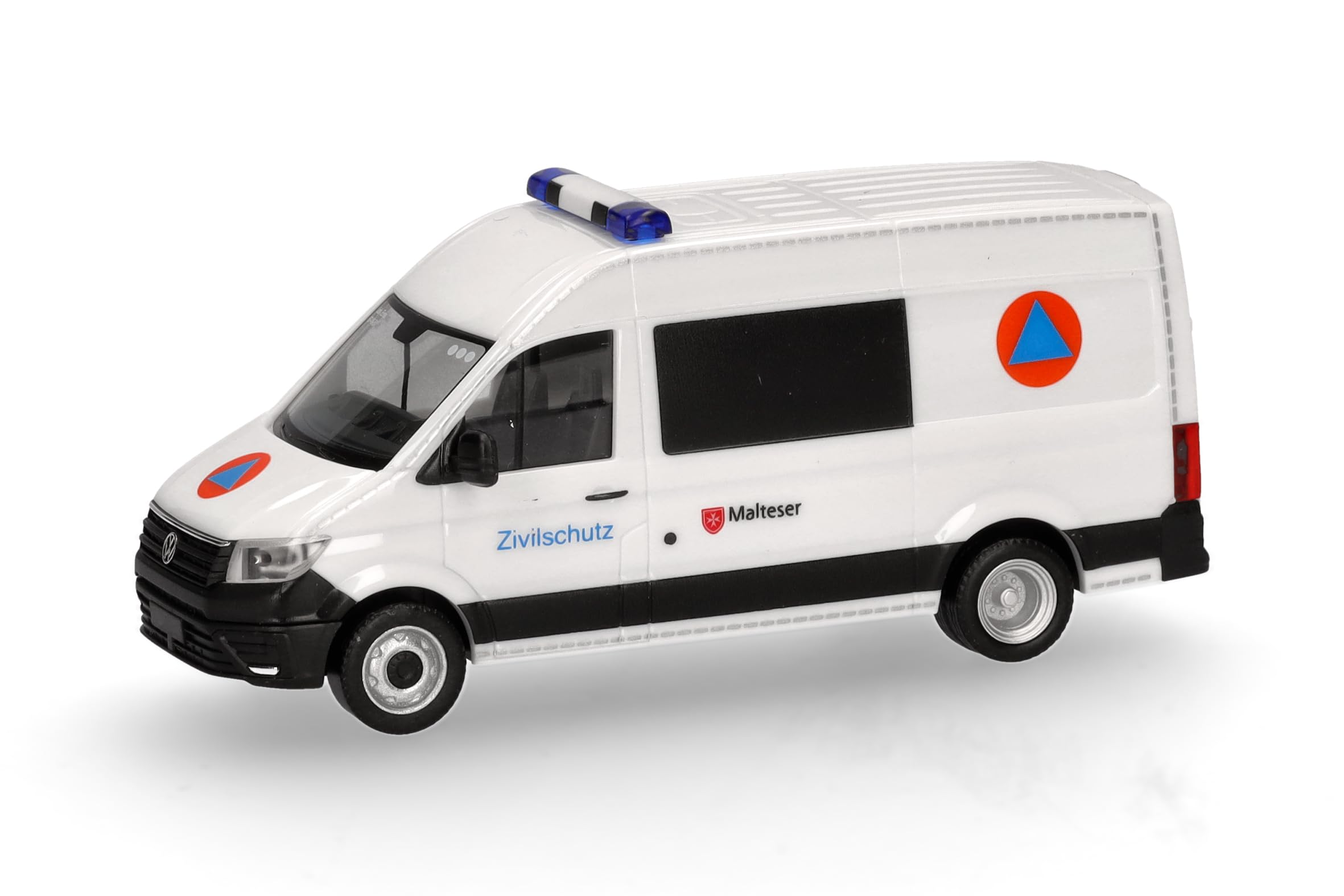 herpa 097963 Model Car Volkswagen (VW) Crafter Half-Bus High Roof Maltese/Civil Protection Miniature in Scale 1:87, Collectible, Made in Germany, Model Made of Plastic, Multi-Coloured