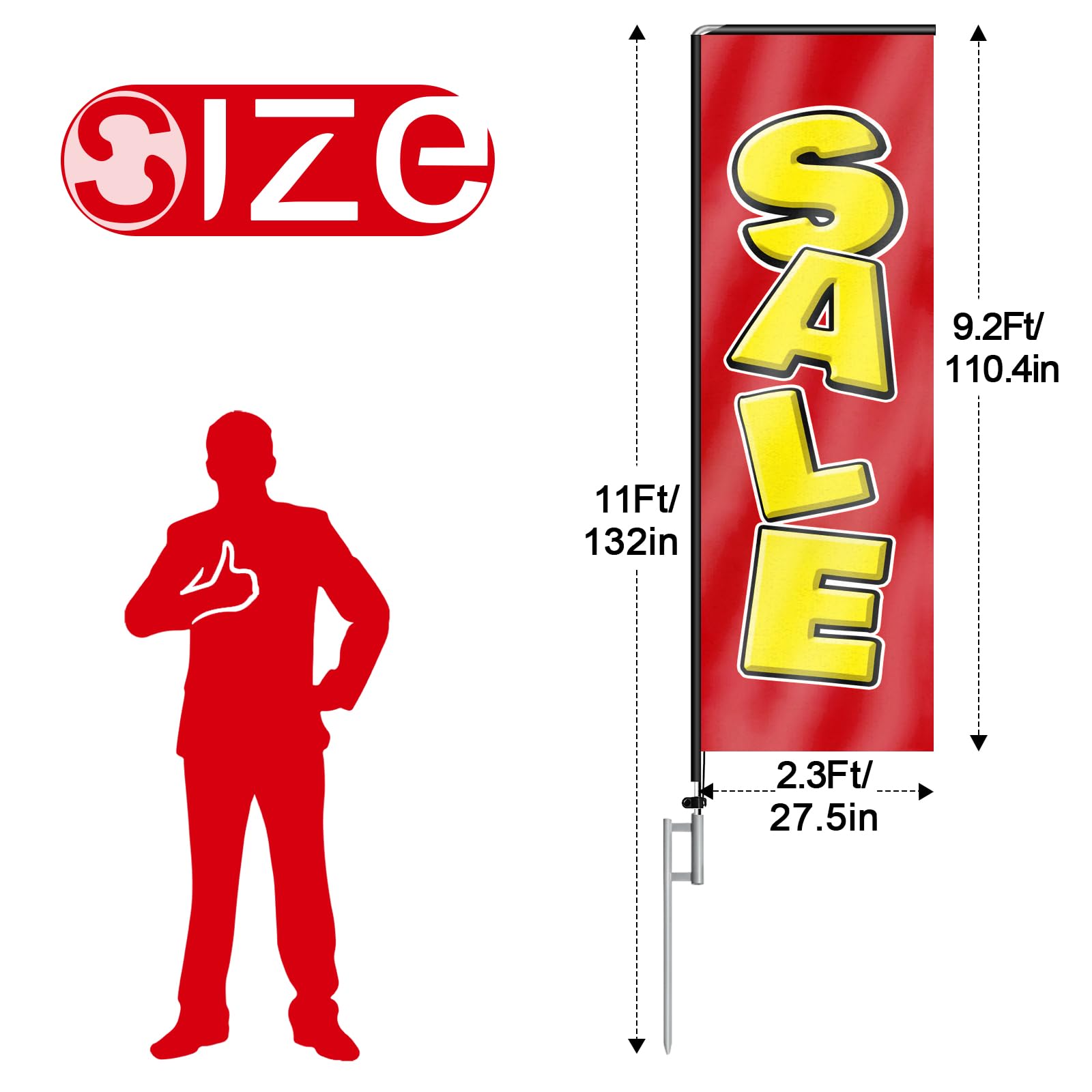 Red Sale 02 - Bandera rectangular de plumas con kit de mástil de bandera y estaca de tierra, bandera sin viento de 11 pies, letrero de bandera para publicidad en interiores y exteriores