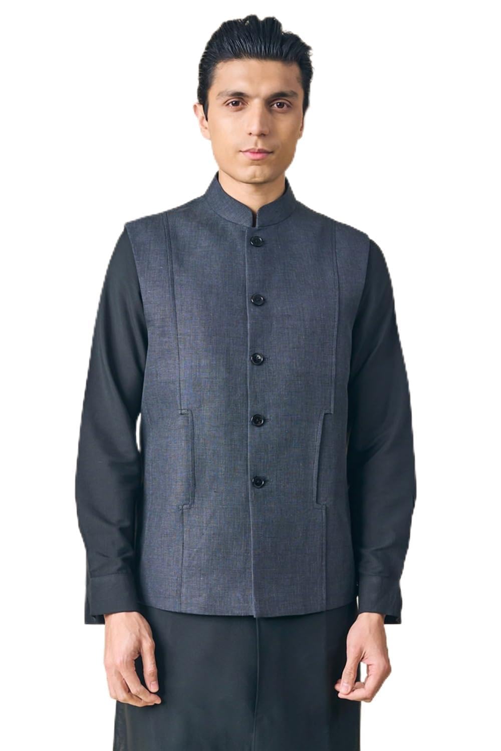 tasva Black Linen Bundi For Men-picture-35