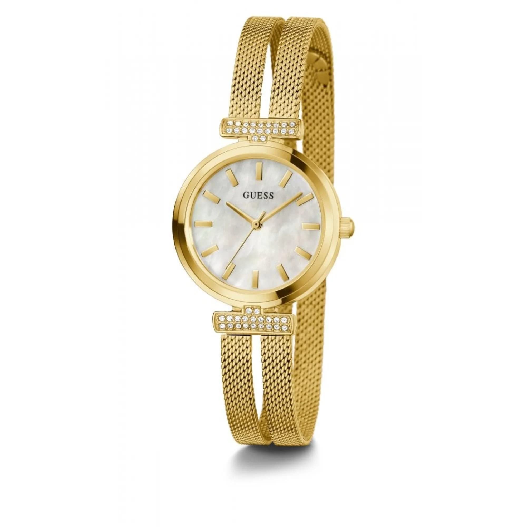 Guess Array Damen Armbanduhr, Edelstahl, 28 mm, Edelstahlarmband, Farbe: Gold, 3 bar, Zifferblatt: Silber, Datumsanzeige, GW0471L2