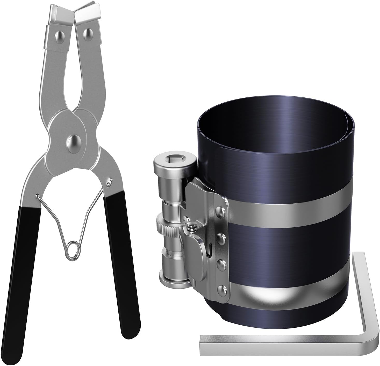 THE WHITE SHOP Car Engine Piston Ring Installer Removal Kit，Adjustable Sizes From 2-1/8 Inches To 7 Inches (53mm - 175mm) with Piston Installer Plier