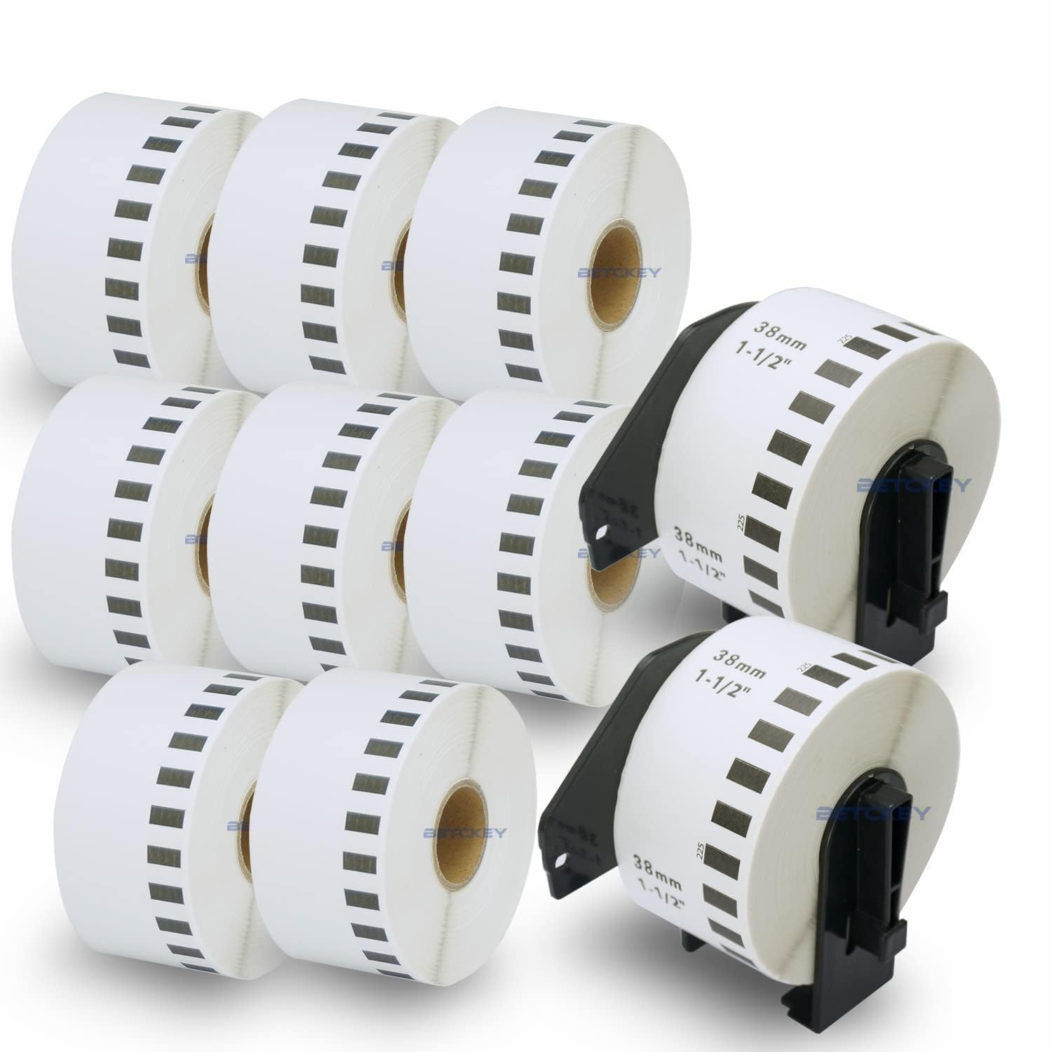 BETCKEY - 10 Rollos DK-22225 Etiquetas Adhesivas con Solo 2 Soportes de Etiquetas Reutilizables, 38mm x 30.48m, 10 Cinta Continua de Papel Térmico para Brother QL Impresoras de Etiquetas