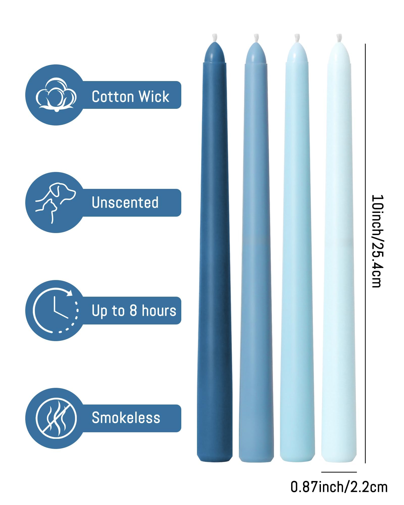 Viyffo 10 Inch Taper Candles Blue 4 Pack – Unscented, Dripless Design, Smokeless- Long Tall Tapered Candlesticks Wedding Home Decor Dinner Natural Color Series