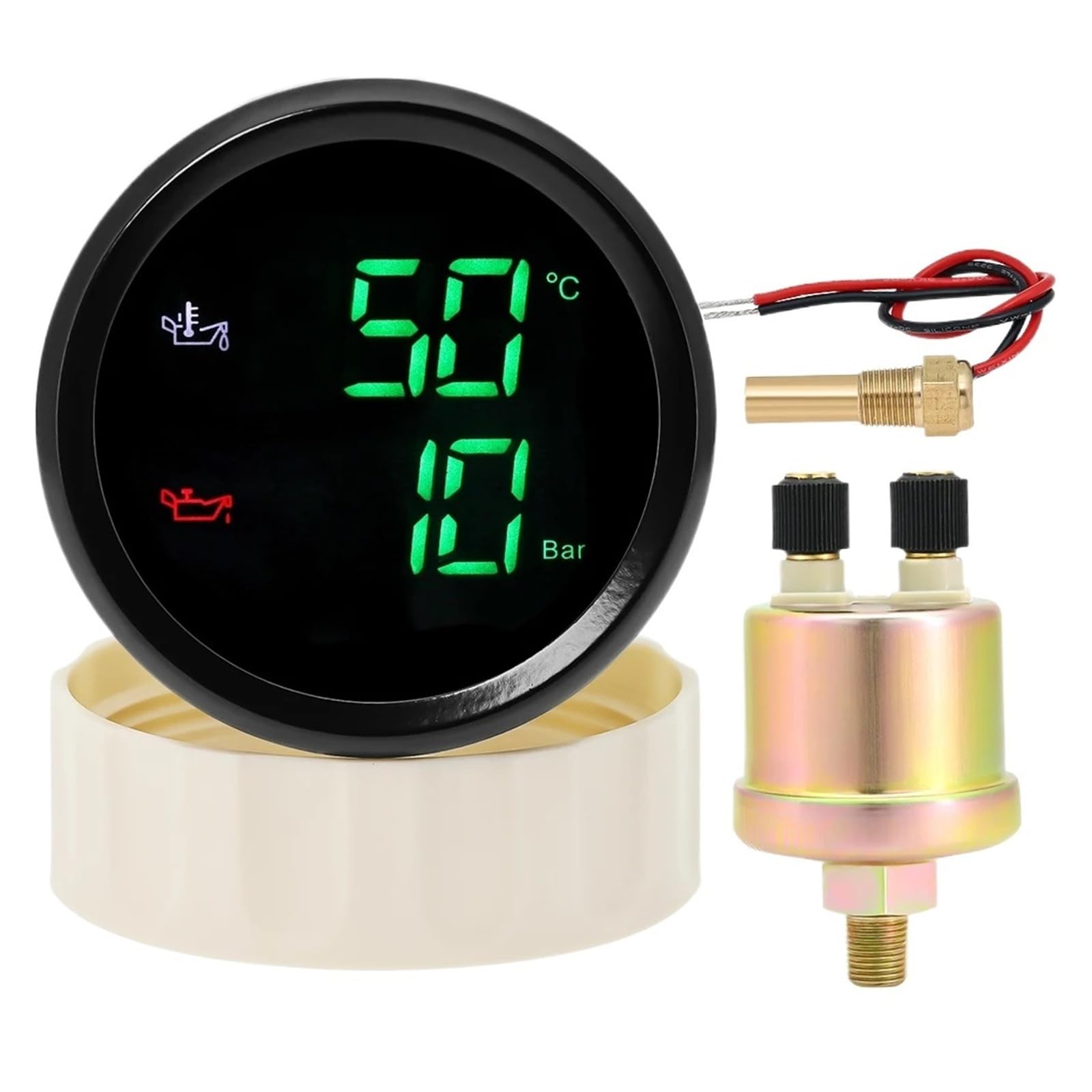 Cyfrowa temperatura oleju 2 w 1 + wskaźnik ciśnienia oleju Zielona czerwona dioda LED 52 mm Wskaźnik z czujnikiem do łodzi samochodowej 12V24V Wielokolorowy wyświetlacz(Green LED BN)
