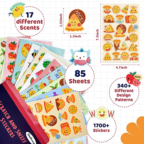 HORIECHALY Scratch and Sniff Stickers for Kid, Smelly Stickers 85 Sheets 17 Scents, 1600+ Scented Design with Cute Food and Fruit Patterns, Positive Reward Tool for Classroom.