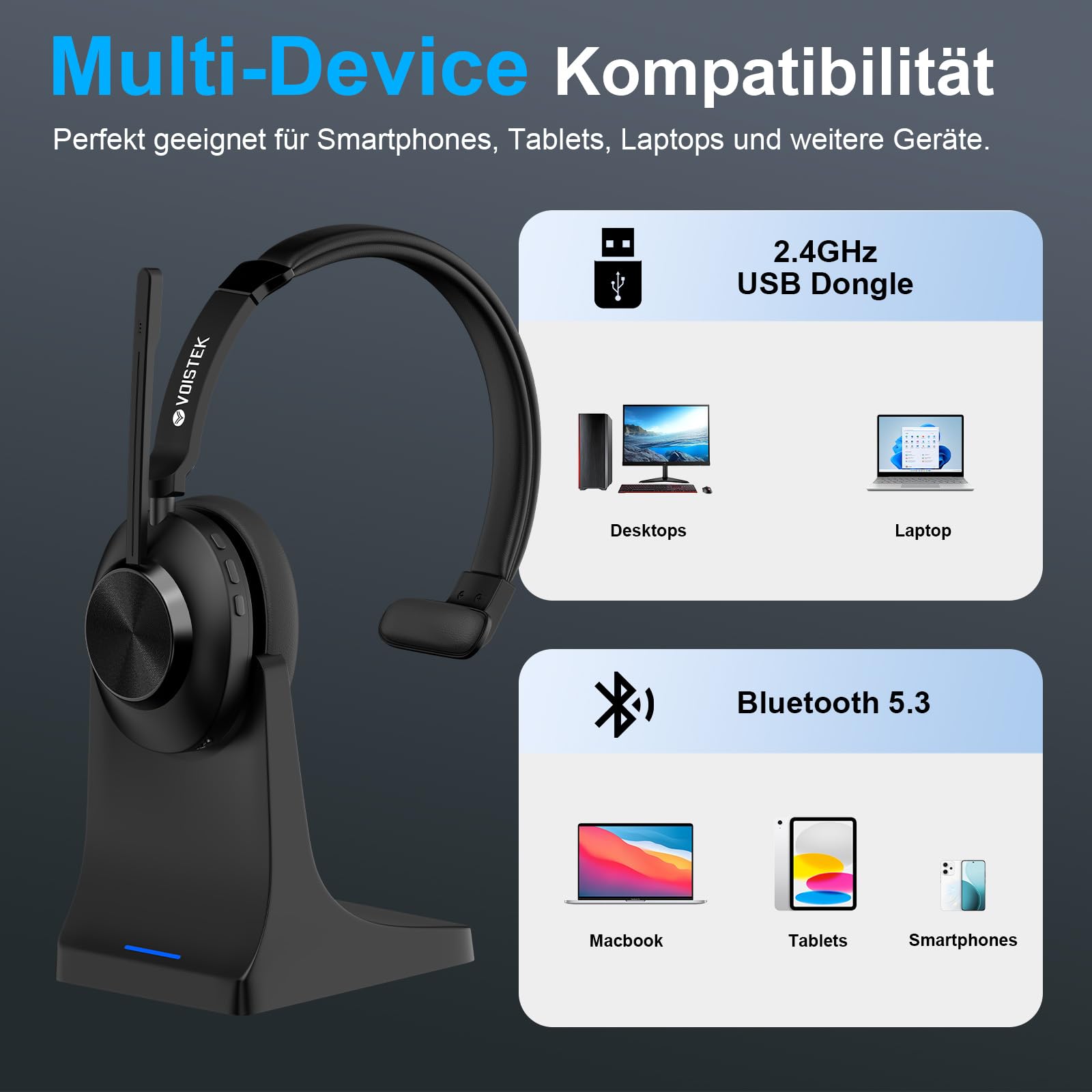 Voistek Kabelloses Bluetooth Headset mit Mikrofon & Rauschunterdrückung, USB Dongle für PC, Ladestation und Mikrofon Stummschaltung für Büro, Meeting, Call Center, Homeoffice, Computer, Schwarz