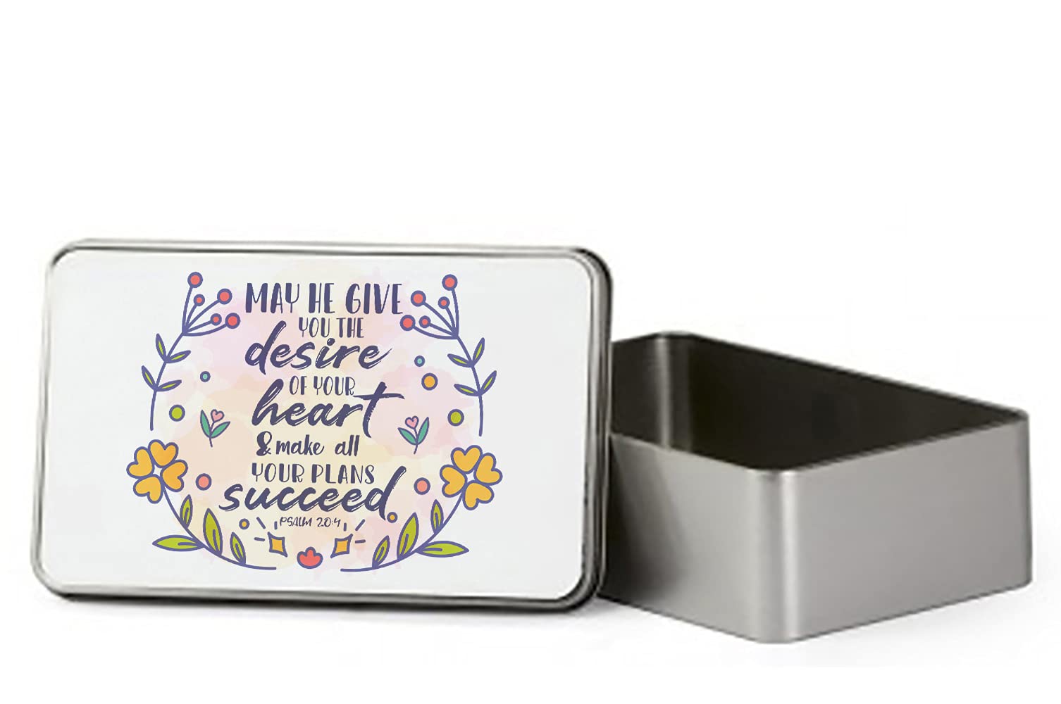 May He Give You the Desires of Your Heart Bible Verse/Quote Faith in God Present for Men/Women, Thanks Giving, Birthday Present Portable Metal Tin Storage Box. (Rectangular)