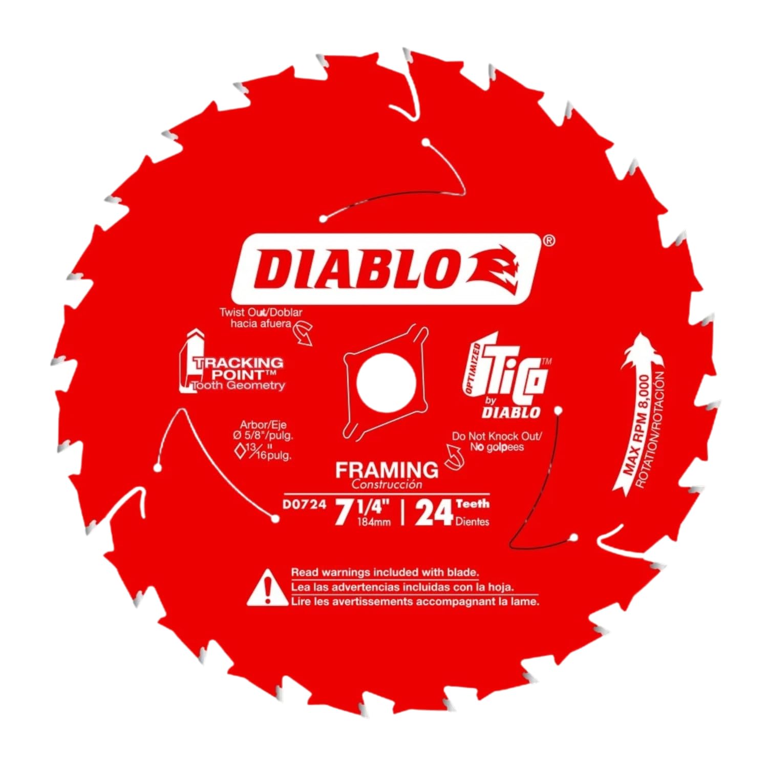 Freud D0724X Diablo 7-1/4-Inch 24 Tooth ATB Carbide Framing Saw Blade with 5/8-Inch and Diamond Knockout Arbor