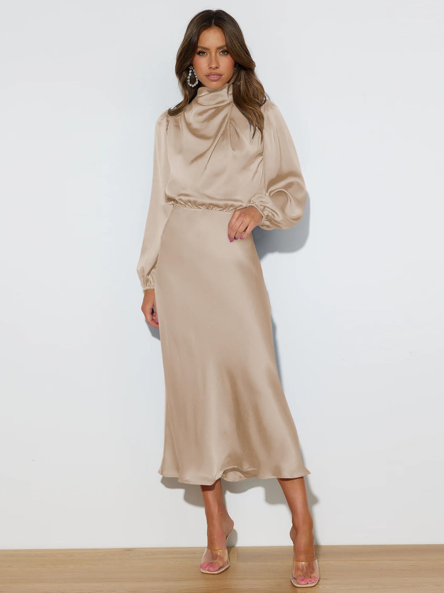 Donna Abito Lungo in Satin Increspato Maniche Lunghe Vestiit Vita in Stile Sciolto Autunno Nuovo Elegante Vestito Cocktail da Donna e Ragazze
