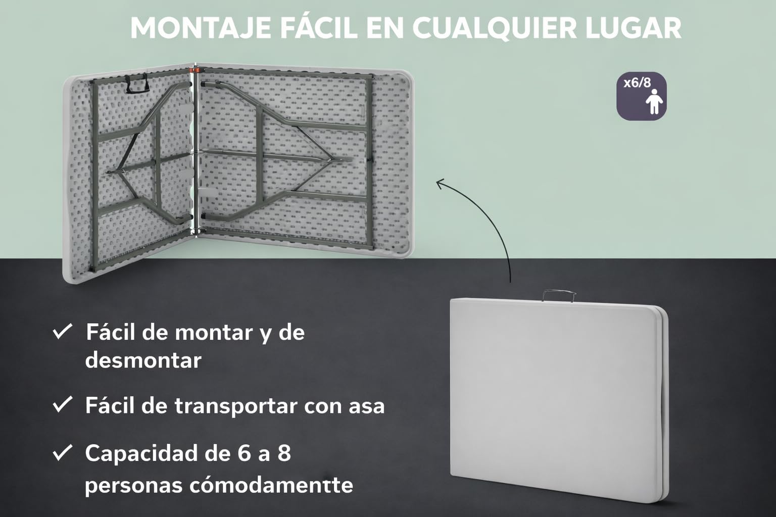 DUPI Mesa Plegable Portátil Maleta para Camping y Eventos | Fácil Transporte y Almacenamiento | Resina Fácil de Limpiar | Bloqueo de Seguridad y Asa | (Blanco, 180 cm)