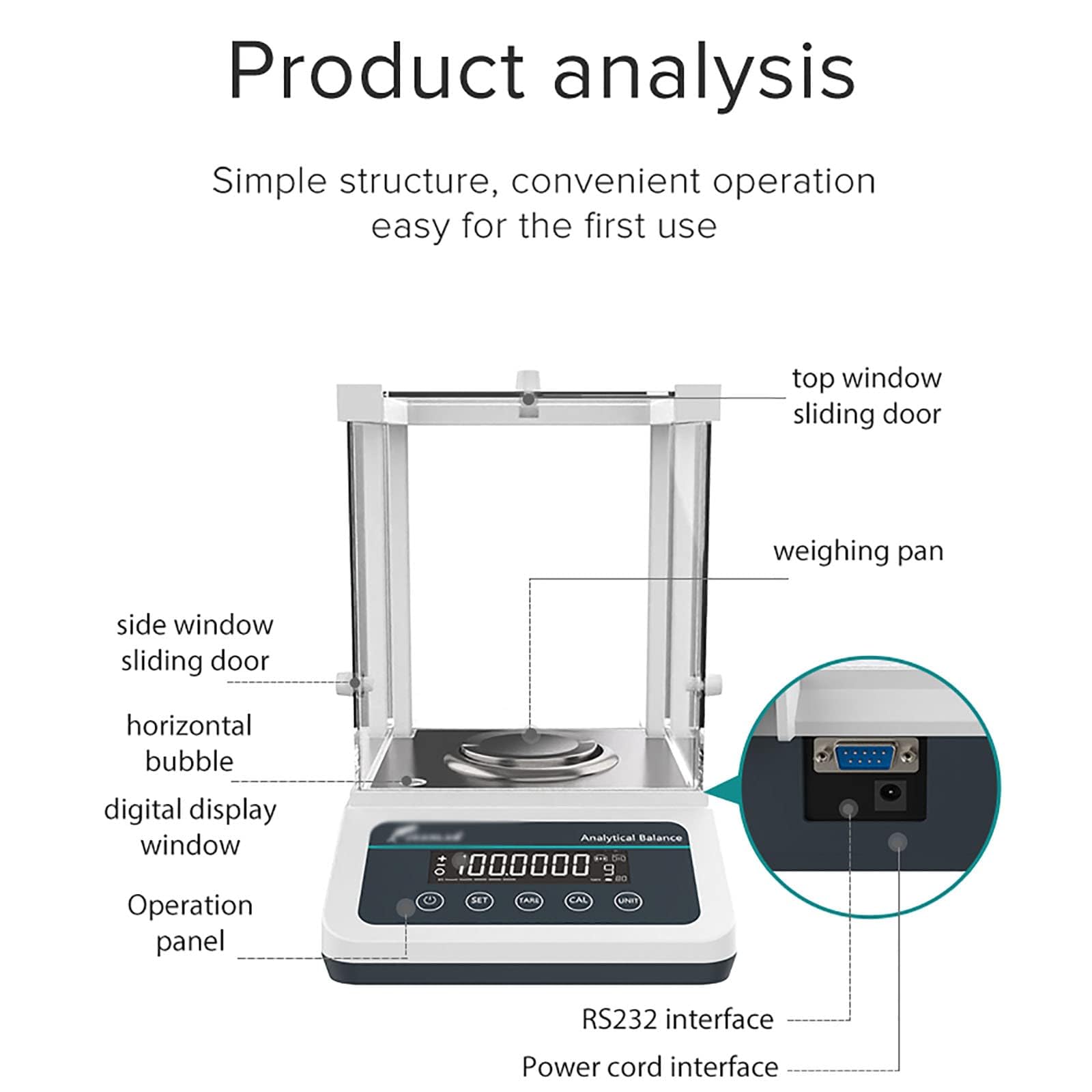 Balanzas analíticas de laboratorio, báscula de laboratorio de alta precisión de 0,1 mg con interfaz RS232, básculas de joyería digitales de precisión de 0,0001 g, con pantalla LED y parabrisas para