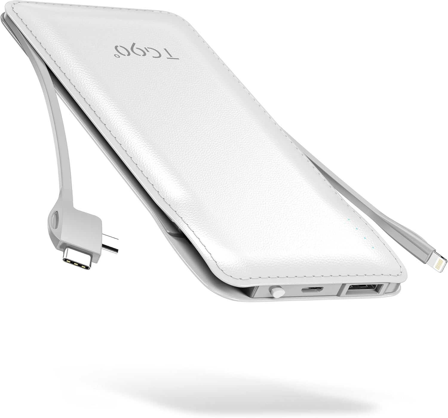 Power Bank Built-in Cables, Pocket Size USB C Portable Charger, 3A Fast Charging External Battery Pack, Travel Essential Phone Powerbank Compatible with iPhone Samsung iPad White