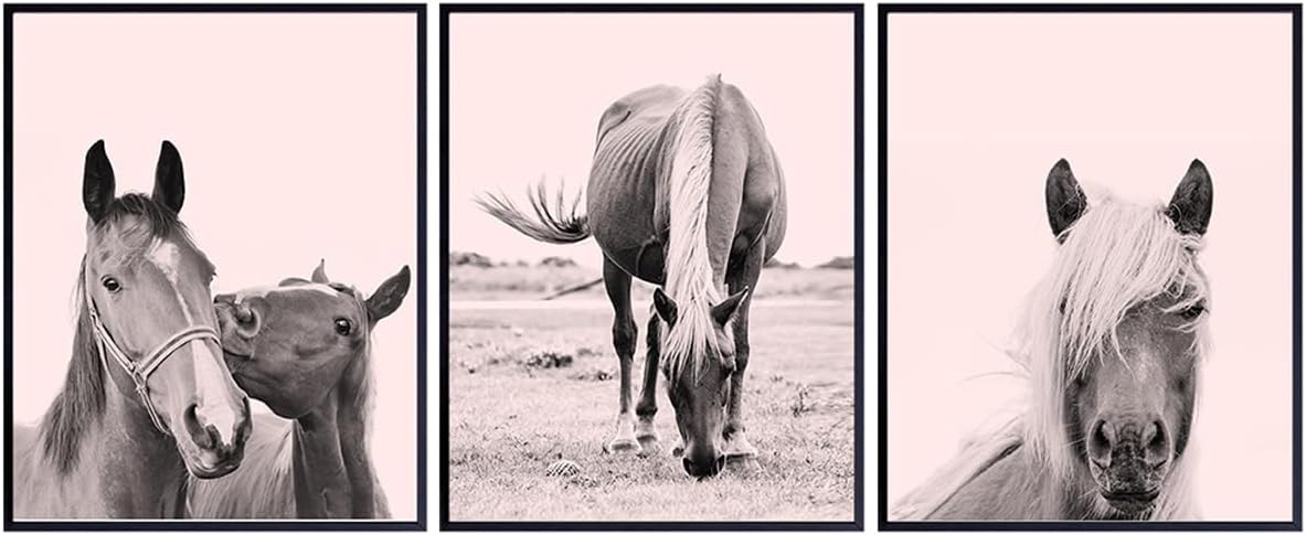 Horse Wall Decor LARGE 11x14 - Western Home Decor for Girl Bedroom, Office, Living Room - Boho-chic, Shabby chic Art - Ideal Gift for Equestrian Women - Pink Pony - Farmhouse Wall Art Set for Girls