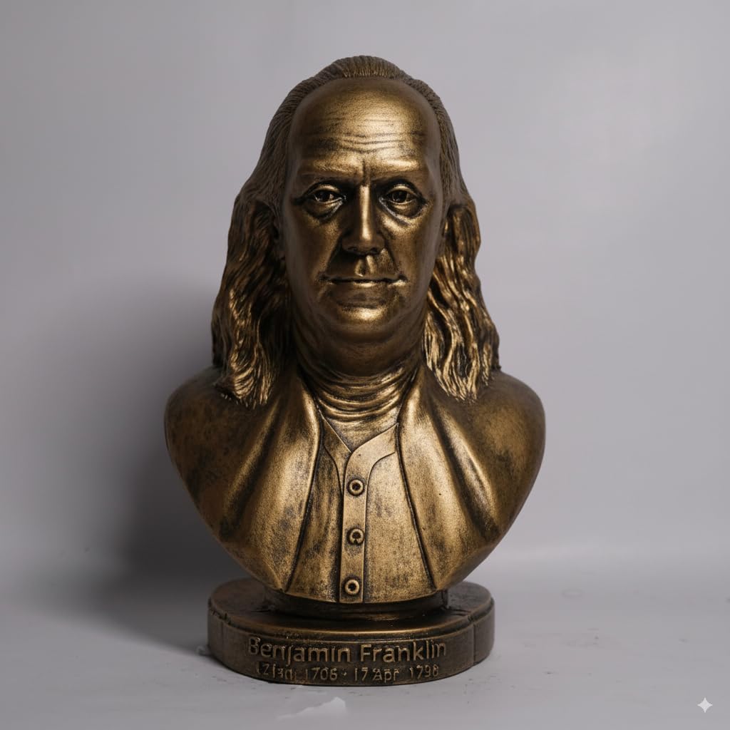 Maximos Creations Benjamin Franklin Bronze Bust Sculpture, Historical Collectible Statue (Stone Powder Resin, 7.5 inches)