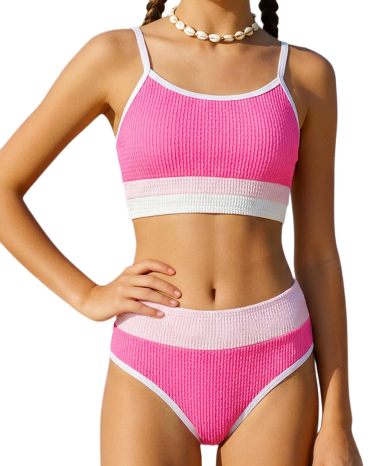 FishingDino Set bikini per ragazze adolescenti 7-16 anni, imbottiture sul petto e spalline regolabili, costume da bagno per bambini a blocchi di colore, costume da bagno a due pezzi a vita alta