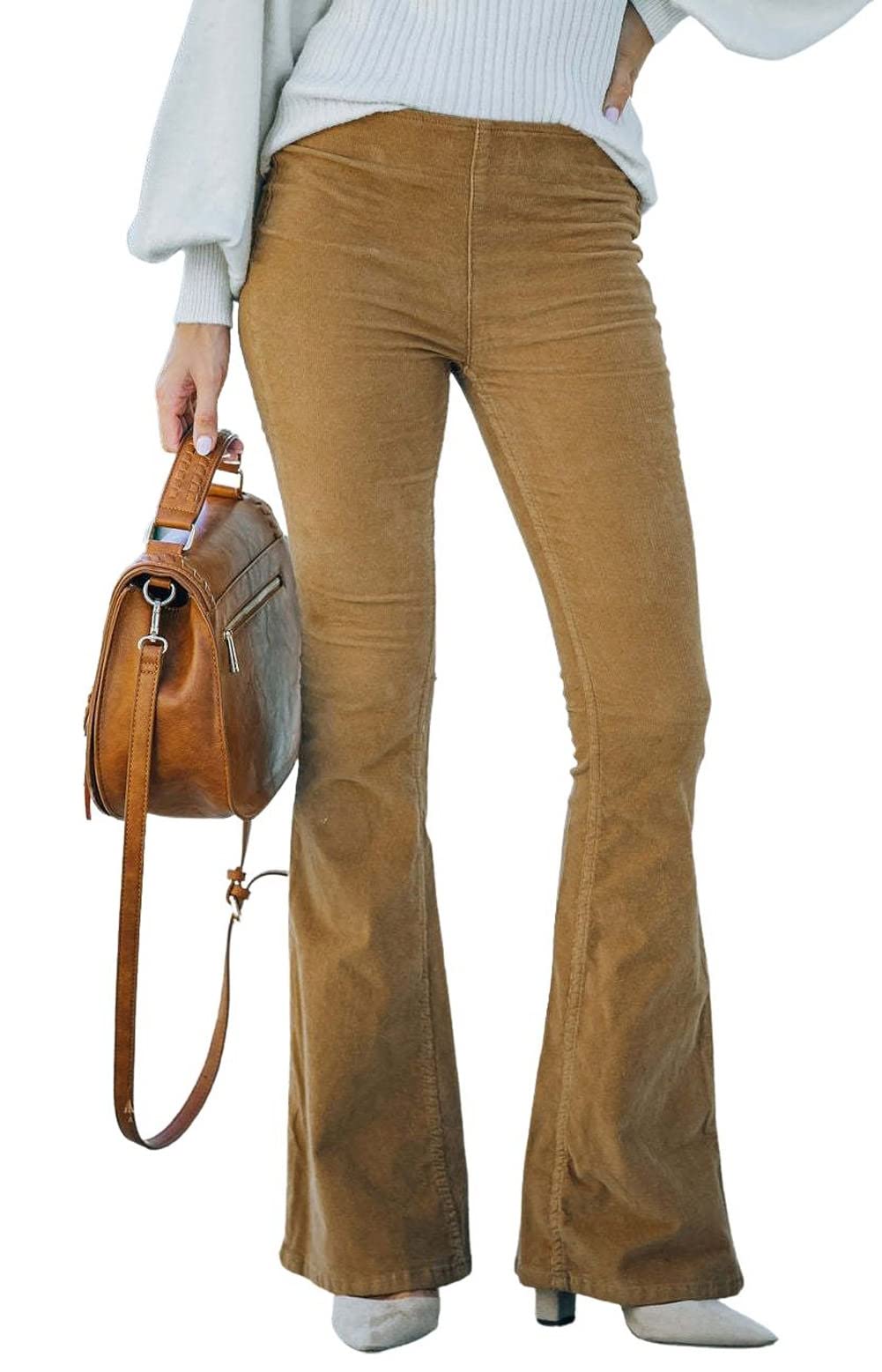 CHARTOU Womens Vintage Elastic High Waist Flared Bell Bottom Corduroy Pants