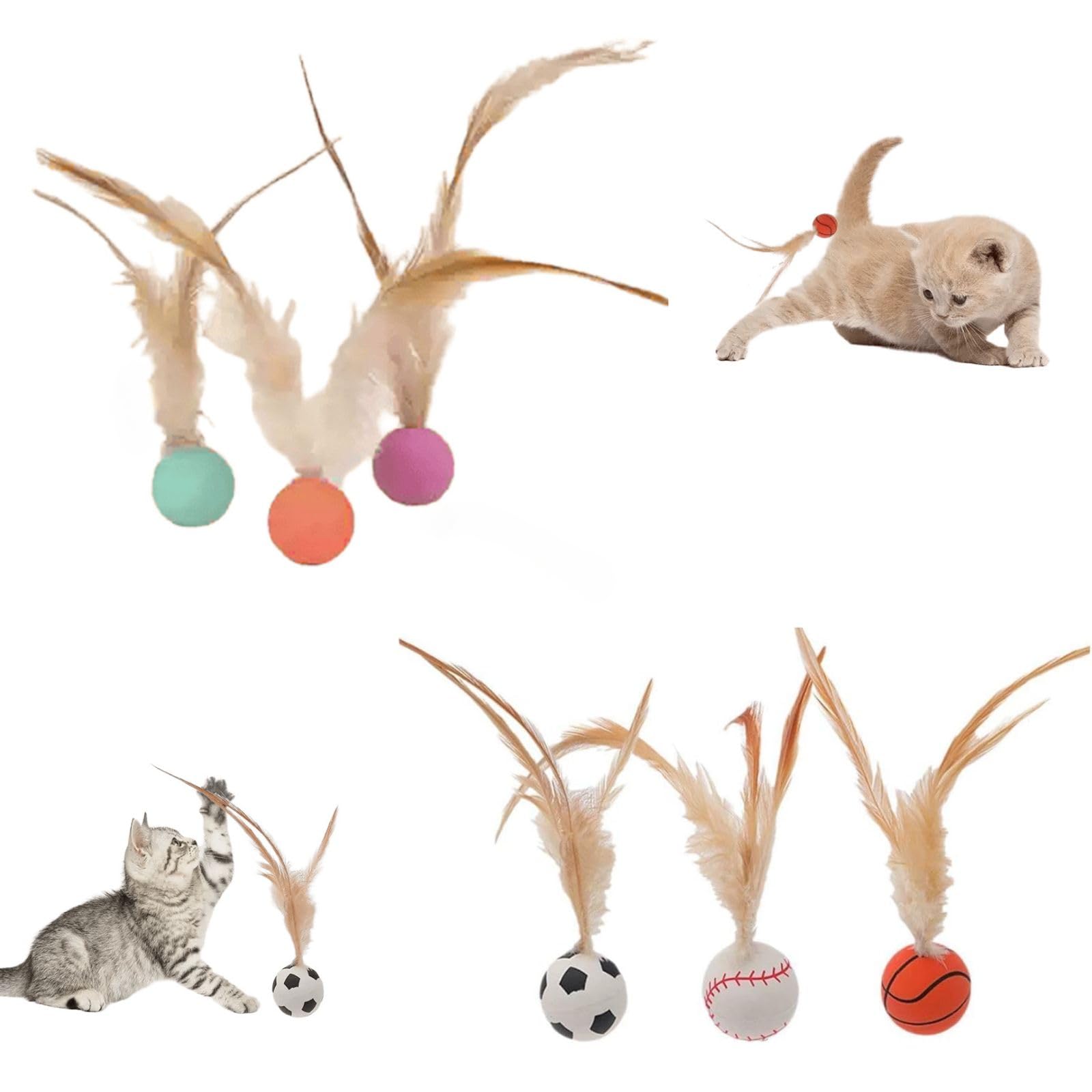 MANON ROSA Cat Feather Ball Toy Set 6 Pcs - Interactive Bouncy Balls for Indoor Adult Boring Cats, Kitten Toys with Silicone Feathers for Play Exercise