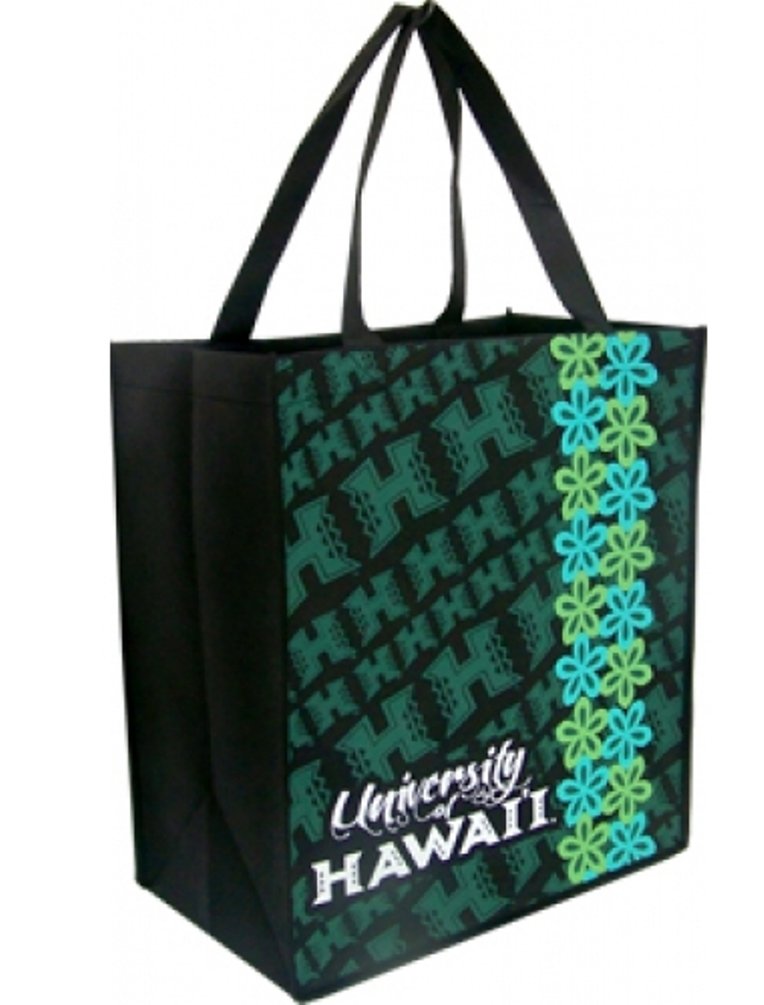 K Chang Hawaii University Eco Tote Bag UH Floral Pattern Black, Green One Size