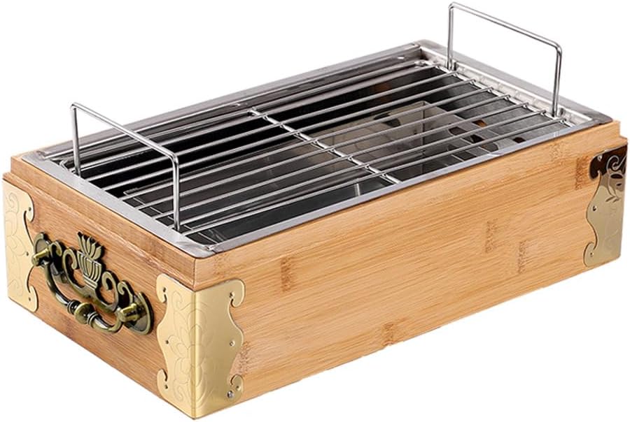 Camping Grill Wooden Box Bamboo Box Barbecue Oven, Wear-Resistant Table Top Barbecue Shelf, Barbecue Grill for Heating Food Heat Preservation Grilled Outdoor Grill
