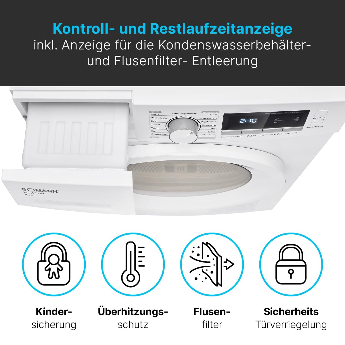 Bomann® Kondenstrockner 8kg | Waschtrockner mit 13 Programmen & 109L Volumen | Trockner mit Trocknungsgrad-Intensitätsstufe | Wäschetrockner mit Programm-Startvorwahl: 1-24 h | WTK 7181