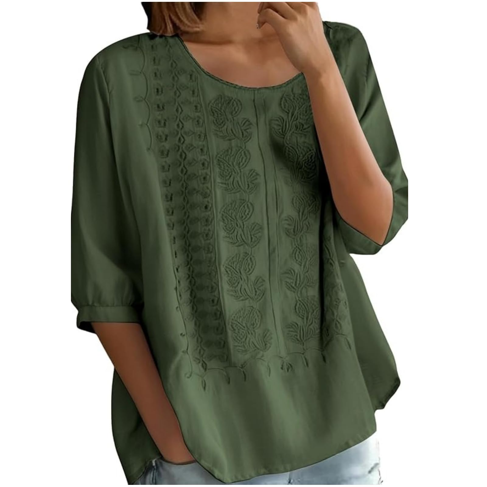 Cotton Linen Shirts for Women Trendy Retro Embroidered 3/4 Sleeve Boho Blouse Dressy Casual Bohemian Tops Loose Tunics