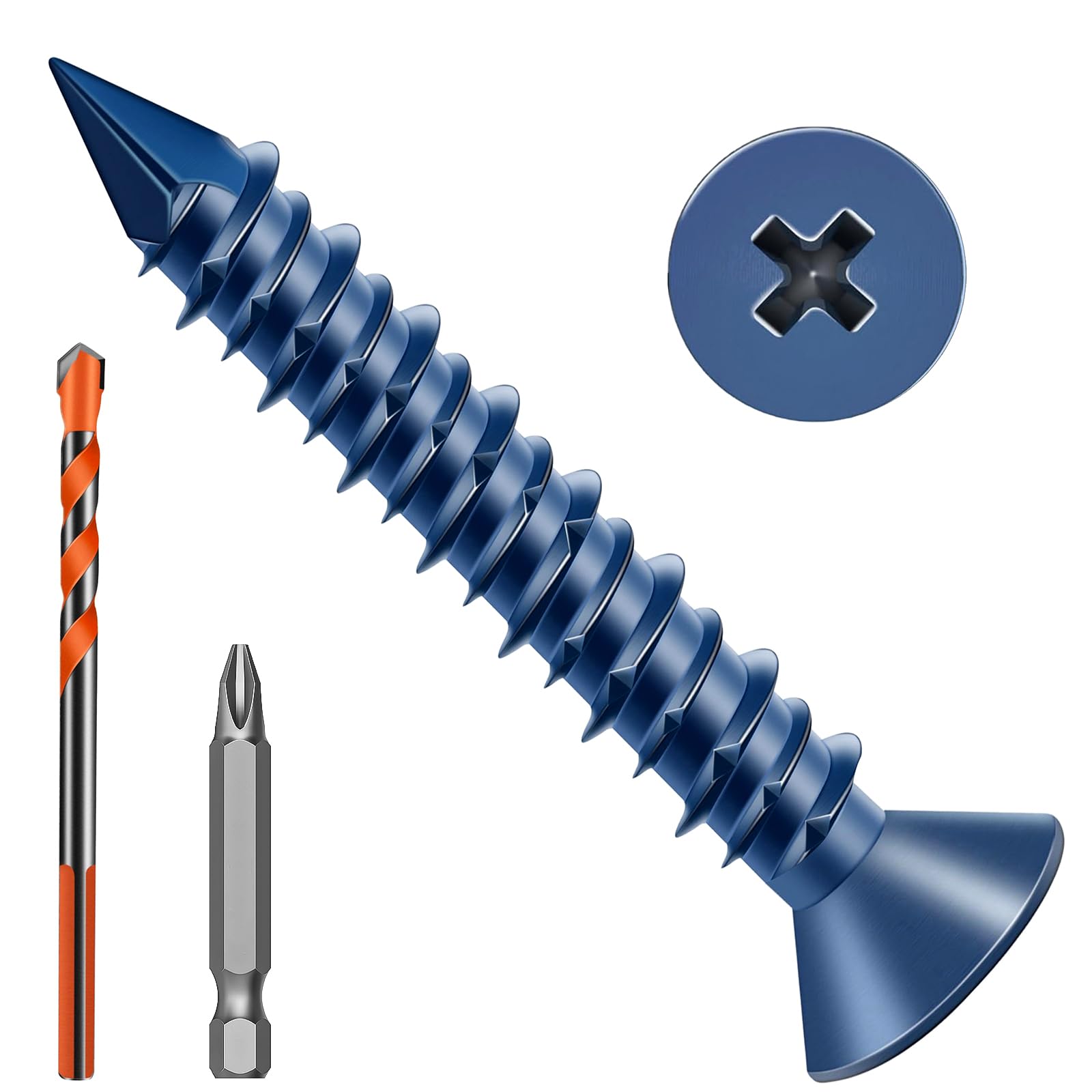 Zynthor 6.5 x 45mm Concrete Screws, 50 Pcs Blue Flat Head Concrete Screws Anchor Kit with Drill Bit and Screwdriver Bit, for Masonry, Cement, Block, Brick or Stucco