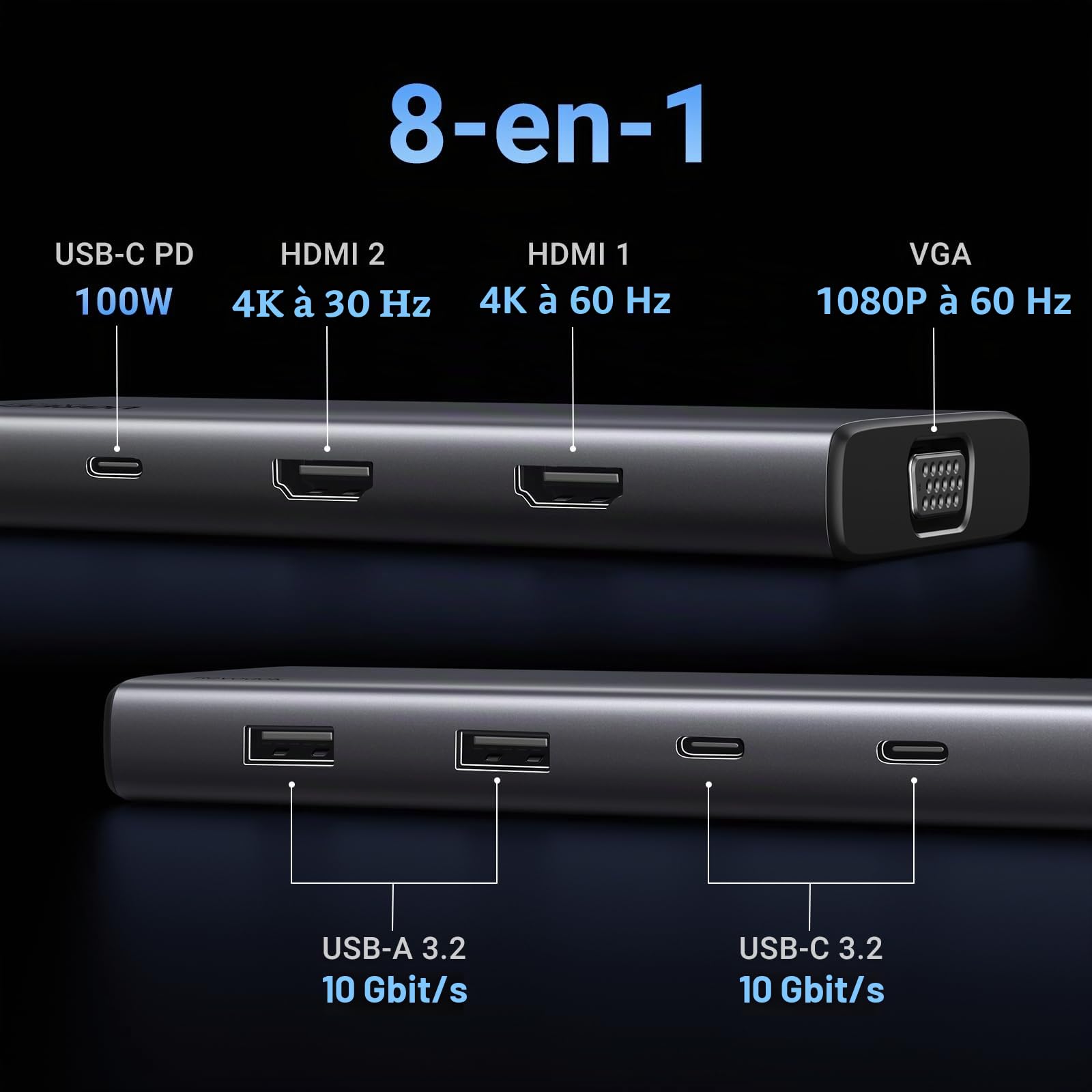 UGREEN Revodok Pro 3081 Hub USB C 8 en 1 Docking Station Triple Affichage | 2 HDMI 4K, 1 VGA 1080P, 10Gbps, Multi Data Ports, 2A2C, PD 100W Charge Rapide, Compatible avec MacBook Pro Air Surface