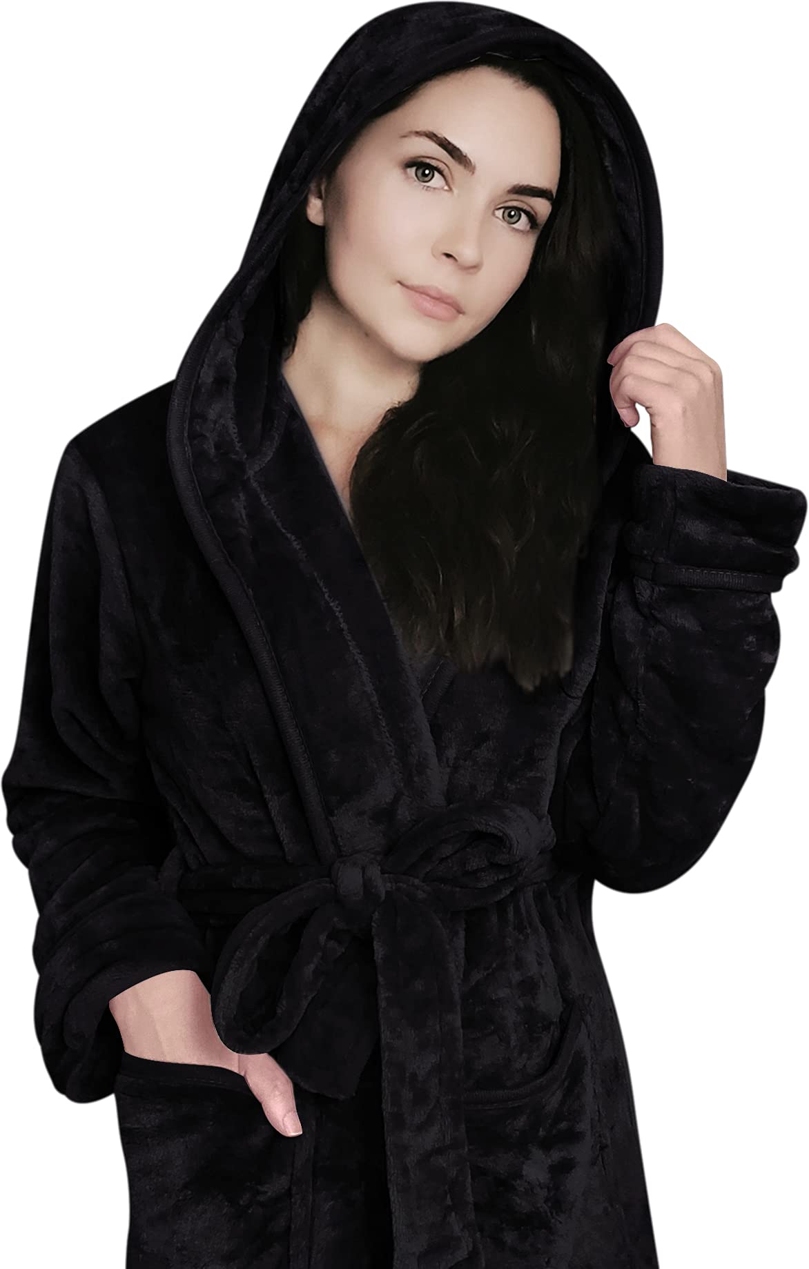 NY Threads Women Fleece Hooded Bathrobe - Plush Long Robe (Large, Black)