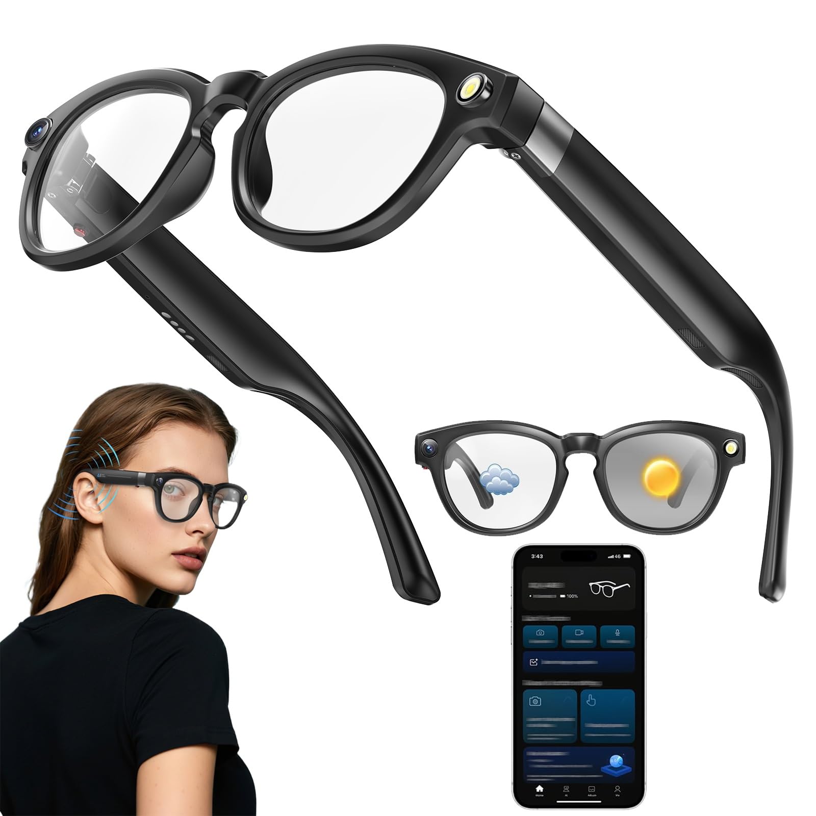 Round Smart Glasses with Camera and Bluetooth 8MP 32GB AI Glasses for Men and Women 1080P Video Recording