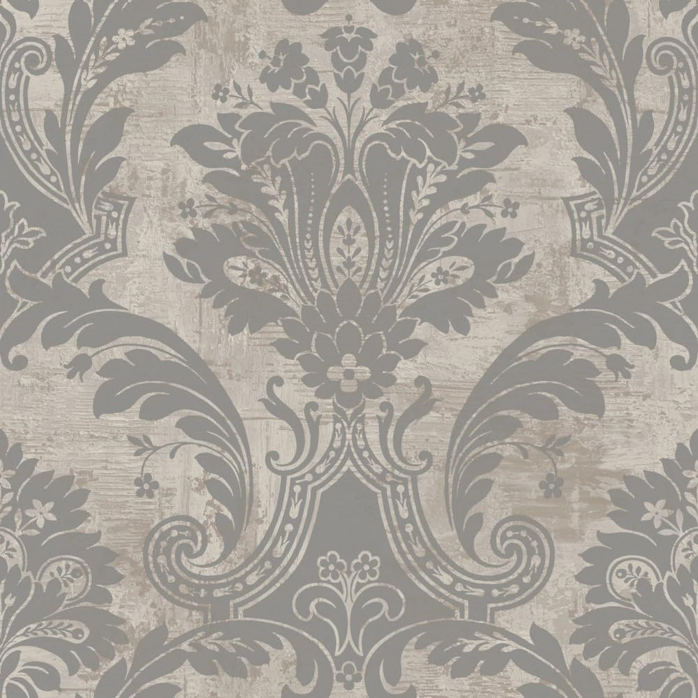 Belgravia Decor Grey Plaster Damask Silver Cream Wallpaper 2317
