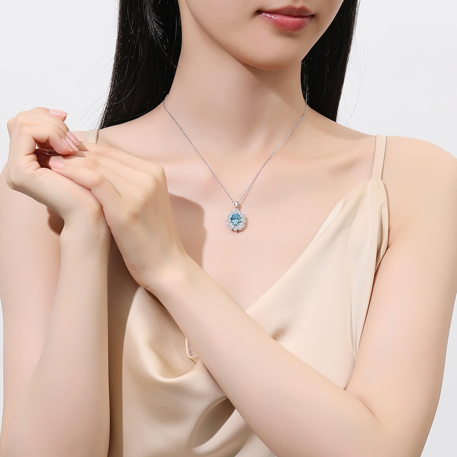 KnSam Collana in vero oro bianco 18 carati, ciondolo ovale, lussuoso ciondolo da donna, in platino 950, 45 cm