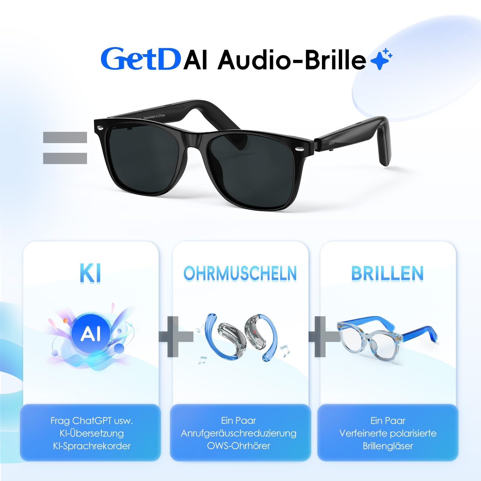 GetD Occhiali Intelligenti, Occhiali Audio Bluetooth Open-Ear con Altoparlante e Doppio Microfono, Occhiali da Sole Polarizzati TAC per Uomini e Donne, TR90 Telaio Nero (Lenti Grigio)