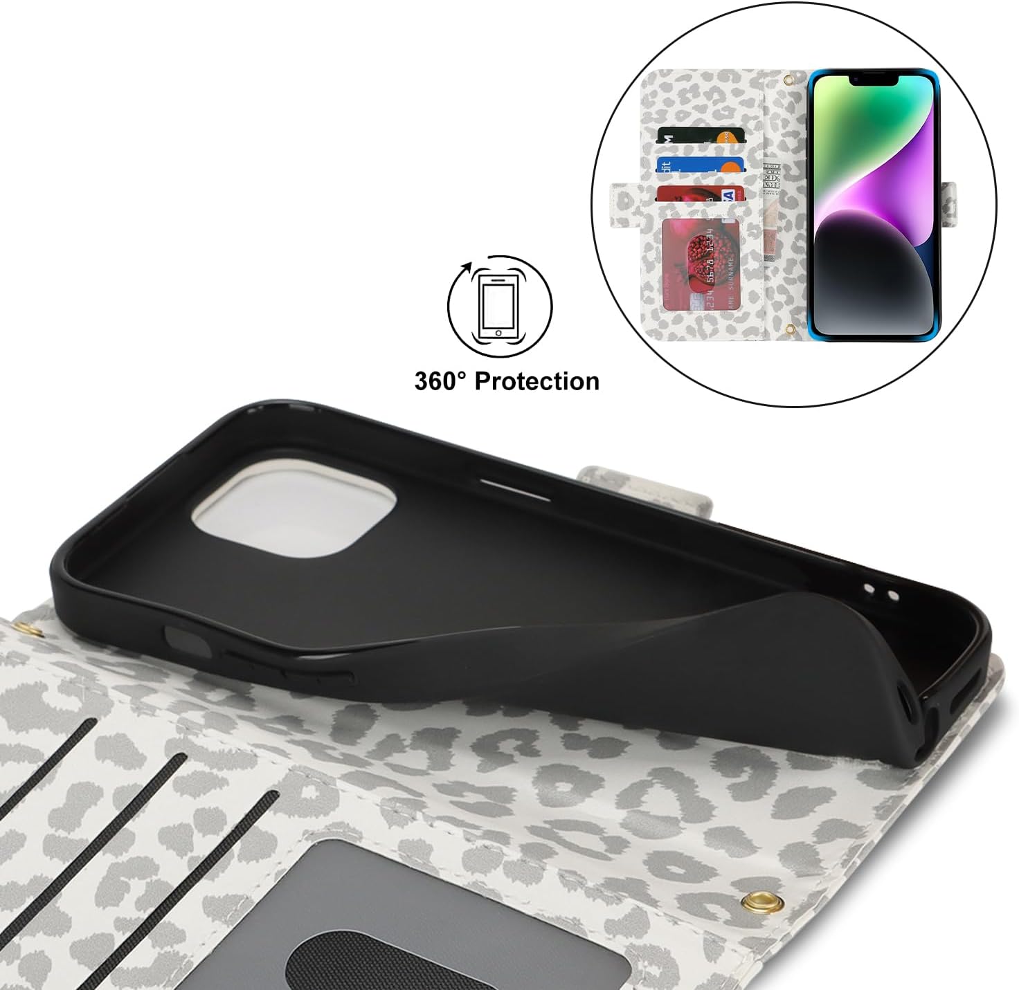 for iPhone 14/13 Wallet Case for Women,Zipper Pocket,PU Leather Phone Case Stand flip Cover Crossbody Lanyard Strap Zipper Credit Card Holder Slots for Apple 14/13,White Leopard - Image 6