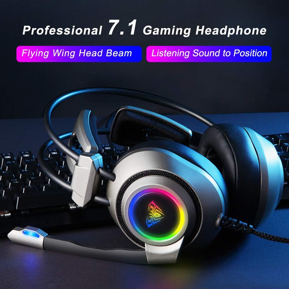 AULA S600 USB Wired Gaming Headset 7.1 Surround Sound, with Microphone, LED Lights, Soft Memory Earmuffs, Noise Cancelling Mic Headphones for PC Computer Office/Games (USB)
